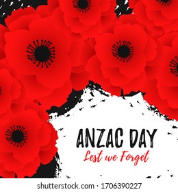 Anzac Day card template with red poppy flower. Lest we forget text. Remembrance day on hand drawing ink of paint. Vector Illustration