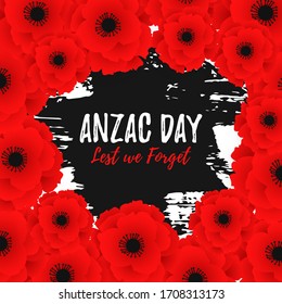 Anzac Day card template with red poppy flower. Lest we forget text. Remembrance day on hand drawing ink of paint. Vector Illustration