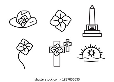 Anzac day designs icon set. Poppy, memorial, army cap, badge icon set, editable line. Logo, web and banner design. Illustration.
