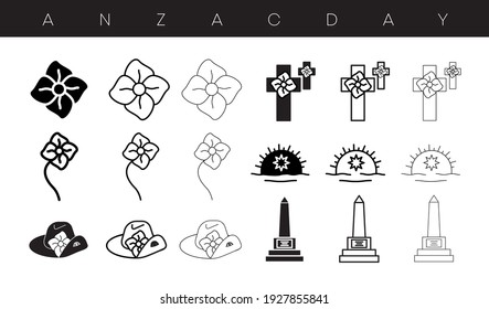 Anzac day designs icon set. Poppy, memorial, army cap, badge icon set, editable line. silhouette design. Logo, web and banner design. Illustration.