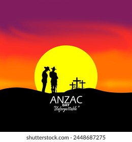 Anzac Day event banner. Two soldiers praying in a cemetery at sunset to commemorate on April 25th in New Zealand, Australia