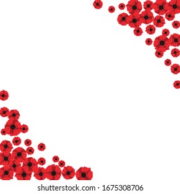 Anzac day. Frame of red abstract poppies. Red poppies isolated on white background. Remembrance Day vector illustration. Design element for poster, banner, web design