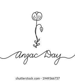 Anzac Day handwritten text and red poppy isolated on white background. Simple vector illustration drawing in lineart style for poster, card, print. Hand lettering, modern brush calligraphy