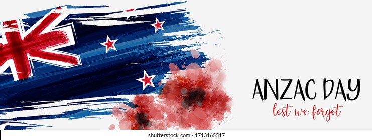 Anzac day holiday banner with New Zealand grunge flag with abstract painted watercolor poppies. Remembrance day.