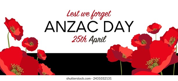 Anzac day horizontal banner layout with red poppies on white background