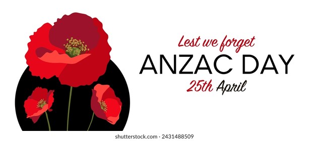 Anzac day horizontal banner layout with red poppies on black circle on white background