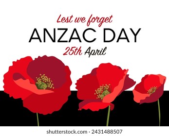 Anzac day horizontal poster layout with red poppies on white background