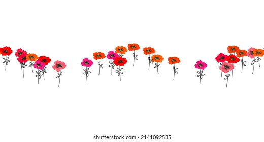 Anzac day. Horizontal seamless pattern red poppies isolated on white background. Bright flowers poppies perfect fit for design cover, textile, fabric, wallpaper, wrapping, card. Vector Illustration