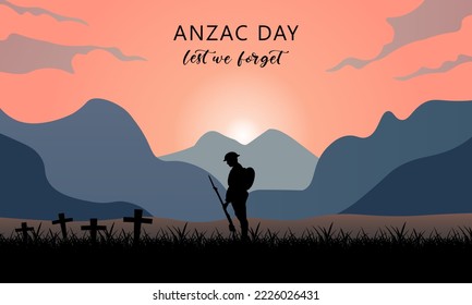 anzac day. last we forget. australian soldier with beauty landscape