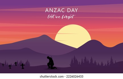 anzac day. last we forget. australian soldier with beauty landscape