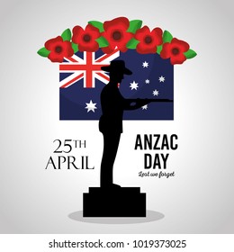 anzac day lest we forget poster soldier in podium flag anniversary