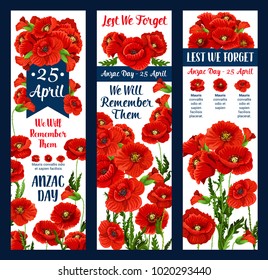 Anzac Day Lest We Forget greeting icon and poppy flower for 25 April Australian and New Zealand war remembrance anniversary greeting. Vector Anzac Day poppy symbol poppy and commemorative blue ribbon