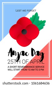 Anzac Day Lest We Forget banner. Paper cut Red Poppy flower Remembrance Day symbol of peace. Remembrance service poster. Vector Illustration. 