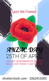 Anzac Day Lest We Forget banner. Remembrance service poster. Realistic Red Poppy flower Remembrance Day symbol of peace. Vector Illustration. 