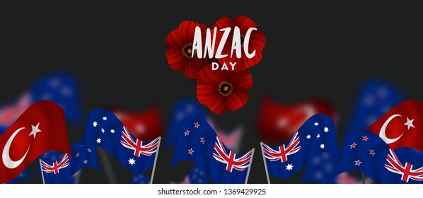  anzac day lest we forget, waving australia, turkish and new zealand flag with red poppies