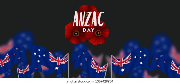 anzac day lest we forget, waving australia and new zealand flag with red poppies