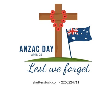 Anzac Day of Lest We Forget Illustration with Remembrance Soldier Paying Respect and Red Poppy Flower in Flat Hand Drawn for Landing Page Templates