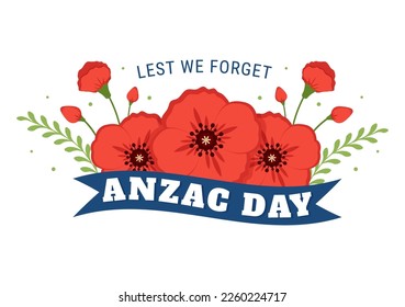 Anzac Day of Lest We Forget Illustration with Remembrance Soldier Paying Respect and Red Poppy Flower in Flat Hand Drawn for Landing Page Templates