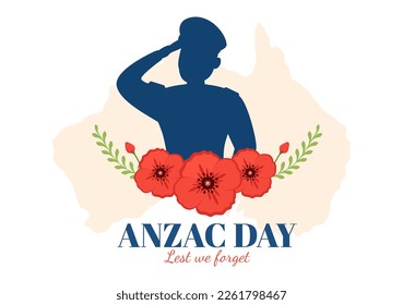 Anzac Day of Lest We Forget Illustration with Remembrance Soldier Paying Respect and Red Poppy Flower in Flat Hand Drawn for Landing Page Templates