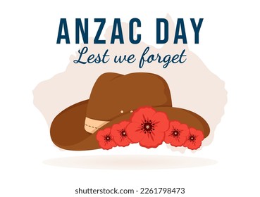 Anzac Day of Lest We Forget Illustration with Remembrance Soldier Paying Respect and Red Poppy Flower in Flat Hand Drawn for Landing Page Templates