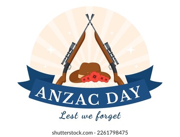 Anzac Day of Lest We Forget Illustration with Remembrance Soldier Paying Respect and Red Poppy Flower in Flat Hand Drawn for Landing Page Templates