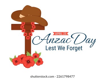 Anzac Day of Lest We Forget Illustration with Remembrance Soldier Paying Respect and Red Poppy Flower in Flat Hand Drawn for Landing Page Templates