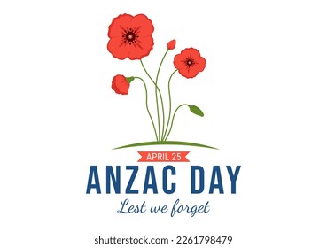 Anzac Day of Lest We Forget Illustration with Remembrance Soldier Paying Respect and Red Poppy Flower in Flat Hand Drawn for Landing Page Templates