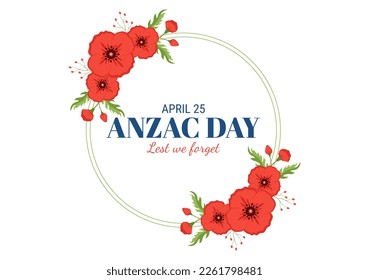 Anzac Day of Lest We Forget Illustration with Remembrance Soldier Paying Respect and Red Poppy Flower in Flat Hand Drawn for Landing Page Templates