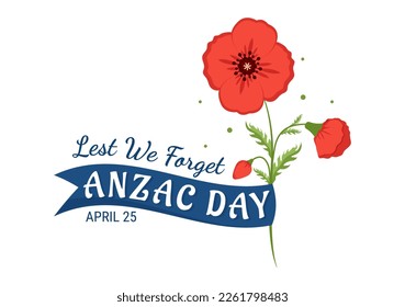 Anzac Day of Lest We Forget Illustration with Remembrance Soldier Paying Respect and Red Poppy Flower in Flat Hand Drawn for Landing Page Templates