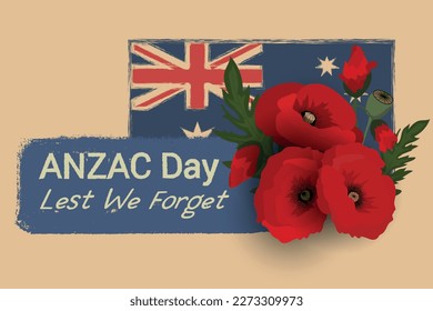 Anzac day Lest We Forget poppy flowers, Australia flag memorial card frame - Australian and New Zealand national public holiday	