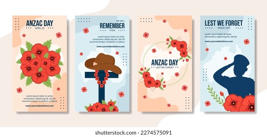 Anzac Day of Lest We Forget Social Media Stories Cartoon Hand Drawn Templates Illustration