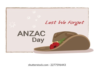 Anzac day Lest We Forget army slouch hat with red poppy flower on banner frame