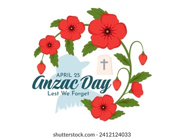 Anzac Day of Lest We Forget Vector Illustration on 25 April with Remembrance Soldier Paying Respect and Red Poppy Flower in Flat Cartoon Background