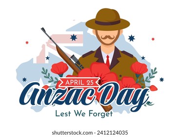 Día Anzac de la Ilustración del Vector no olvidamos el 25 de abril con el recuerdo de un soldado rindiendo respeto y una flor de amapola roja en fondo de caricatura plana