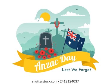 Día Anzac de la Ilustración del Vector no olvidamos el 25 de abril con el recuerdo de un soldado rindiendo respeto y una flor de amapola roja en fondo de caricatura plana