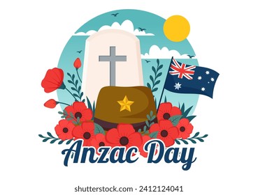 Día Anzac de la Ilustración del Vector no olvidamos el 25 de abril con el recuerdo de un soldado rindiendo respeto y una flor de amapola roja en fondo de caricatura plana