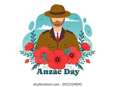 Día Anzac de la Ilustración del Vector no olvidamos el 25 de abril con el recuerdo de un soldado rindiendo respeto y una flor de amapola roja en fondo de caricatura plana