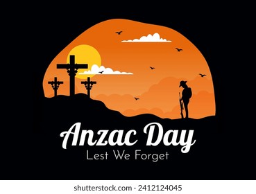 Día Anzac de la Ilustración del Vector no olvidamos el 25 de abril con el recuerdo de un soldado rindiendo respeto y una flor de amapola roja en fondo de caricatura plana