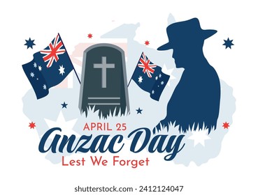 Día Anzac de la Ilustración del Vector no olvidamos el 25 de abril con el recuerdo de un soldado rindiendo respeto y una flor de amapola roja en fondo de caricatura plana