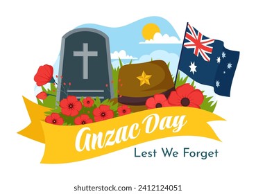 Día Anzac de la Ilustración del Vector no olvidamos el 25 de abril con el recuerdo de un soldado rindiendo respeto y una flor de amapola roja en fondo de caricatura plana