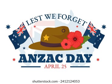 Día Anzac de la Ilustración del Vector no olvidamos el 25 de abril con el recuerdo de un soldado rindiendo respeto y una flor de amapola roja en fondo de caricatura plana