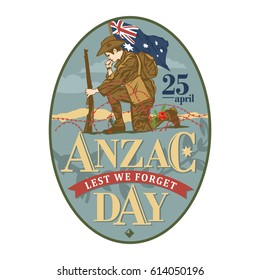 Anzac day. Lest We Forget. Hand drawn of Australian soldier of armed forces under the flag prays for lost comrades against the background of poppy flowers. 