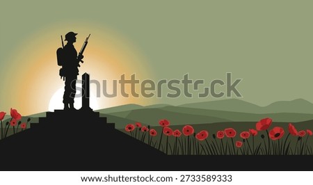 ANZAC Day Lest We Forget Soldier Silhouette Memorial Illustration with Poppies and Sunrise