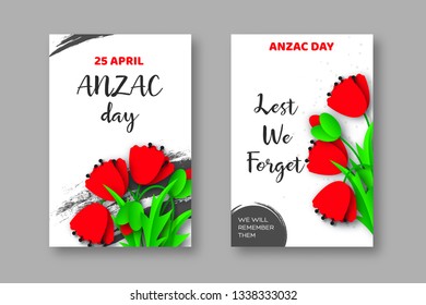 Anzac Day memorail day posters. Red poppy flowers in 3d paper cut style on grunge texture. Vector illustration.