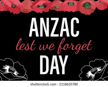 Anzac day. Memorial Day Australia. Postcard with poppies on a black background