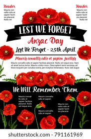 Cartel conmemorativo del Día de Anzac y pancarta de texto para el 25 de abril del aniversario de la conmemoración de los soldados de guerra australianos y neozelandeses. Símbolos de flores rojas de amapola para Australia Anzac Day