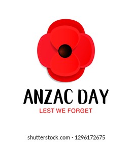 Anzac Day Memorial card. Paper cut Red Poppy flower Remembrance Day symbol of peace. Lest we forget. Vector Illustration EPS 10 file.