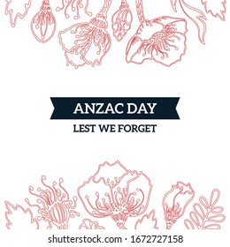 Anzac Day memorial card with red poppies. Remembrance anniversary