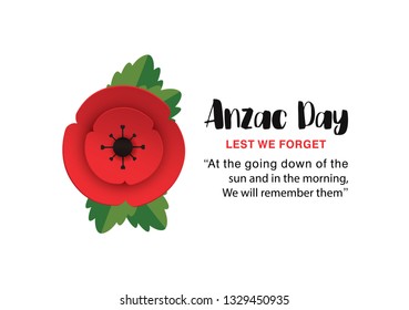 Anzac Day memorial poster. Paper cut Red Poppy flower - international symbol of peace. Lest We Forget text isolated on white. Remembrance poppies branch. Craft origami print. Vector Illustration