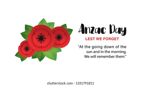 Anzac Day memorial poster. Paper cut Red Poppy flower - international symbol of peace. Lest We Forget text isolated on white. Remembrance poppies branch. Craft origami print. Vector Illustration